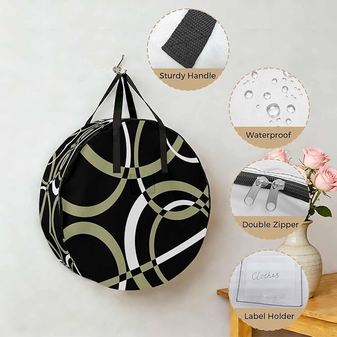 Storage Bag Sage Green Black Geometric Circle Round Storage Totes Bins Closet Organizers with Zippers & Handle Modern Abstract Lines Clothes Storage Container for Bedroom Space Saving Packing Supplies