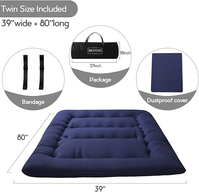 MAXYOYO Japanese Floor Mattress Futon Mattress, Thicken Tatami Mat Sleeping Pad Foldable Roll Up Mattress Boys Girls Dormitory Mattress Pad Kids Floor Lounger Cushion, Navy, Twin Size