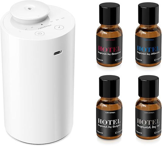 Airversa Waterless Essential Oil Diffuser Starter Kit with 4 x 10mL Hotel Scent Fragrance Oil, Battery Operated Mini Scent Air Machine Portable Diffuser for Home Car Office, AN6Kit-04 White