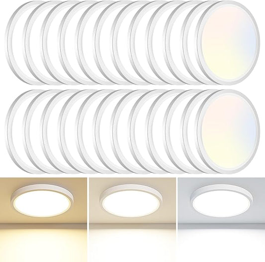 24PACK LED Flush Mount Ceiling Light Fixture, 3000K-4000K-6500K & 100W Equivalent Modern Kitchen Recessed Ceiling Lamp 15W 1500Lm 7.5 Inch Closet Round Surface for Bathroom Laundry Bedroom Hallway