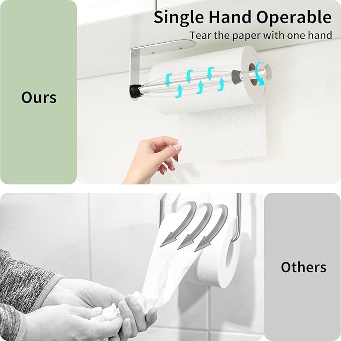 Fixwal Paper Towel Holder Under Cabinet, Single Hand Operable Wall Mount Paper Towel Holder with Damping Effect, Bend-Resistant, Self-Adhesive or Drill Mounting for Kitchen Bathroom, Silver