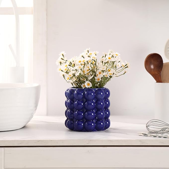 Blue Bubble Vase, Small Short Vase, Ceramic Flower Vases, Unique Decorative Vases for Flowers, Living Room, Bedroom, Office, Shelf, Coffee Table, 5 Inches