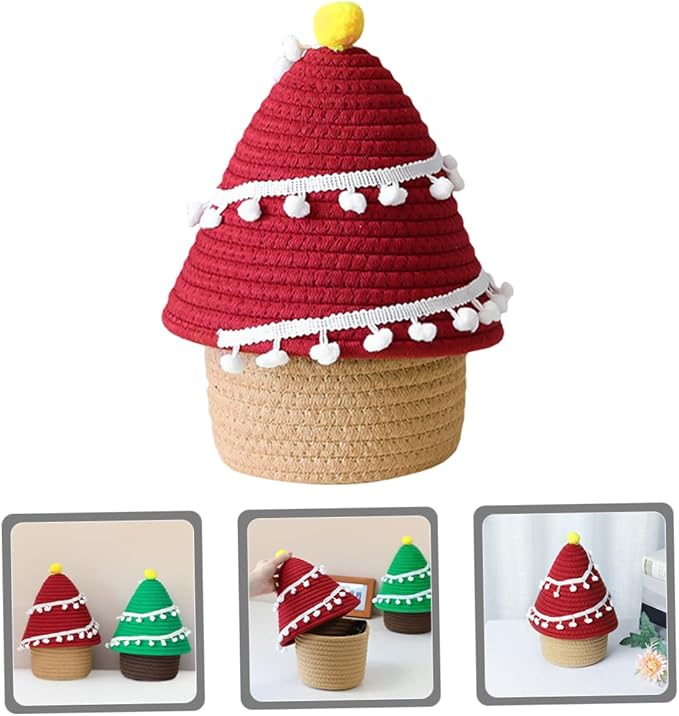 Garneck Cartoon Christmas Tree Decorative Storage Basket Lid Woven Organizer for Boys and Girls Toys Sundries and Personal Items Stylish Container for Home Decor and Desk Organization