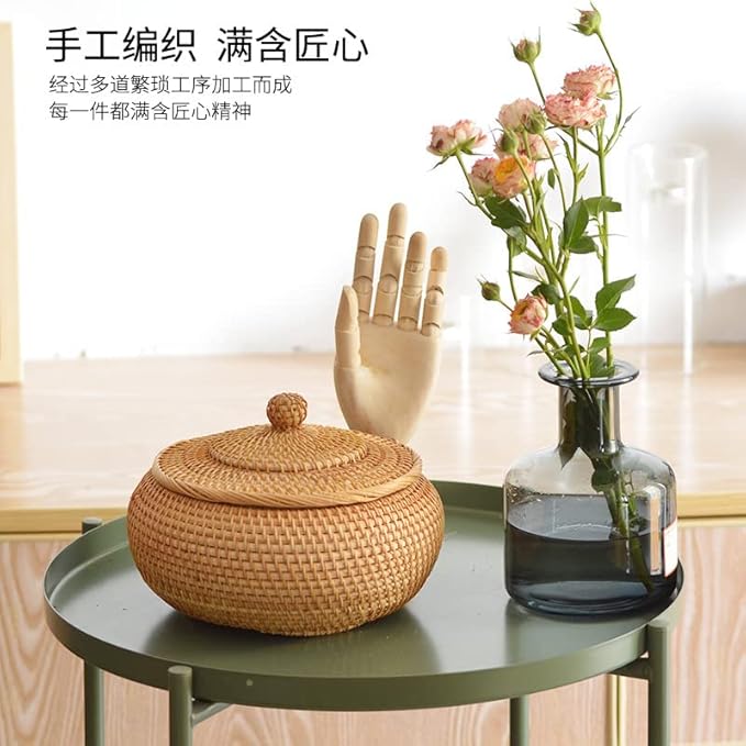 1 Pack Handmade Autumn Rattan Woven Basket Storage Ornaments Round Tea Table Desktop Living Room Furnishing Large Candy Ornaments