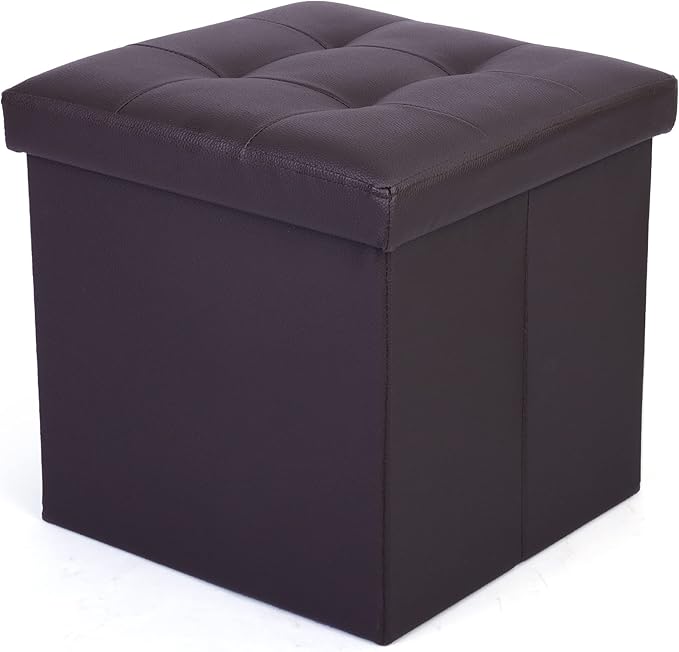 LotFancy Storage Ottoman Cube, Brown Foot Stool Ottoman,13x12x12 inch Square Ottoman with Lid, Faux Leather Seat for Dorm