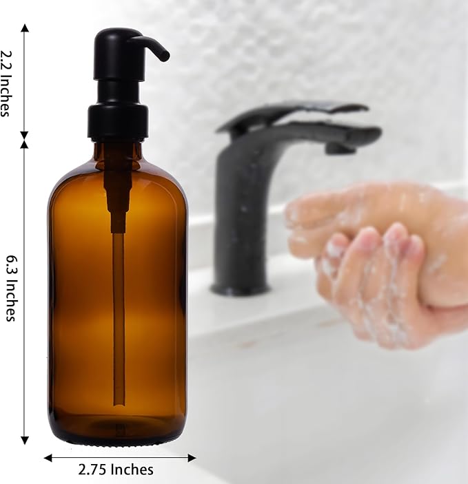 Diahom Soap Dispenser Amber Glass Hand Dish Soap Dispensers 1pcs Stainless Steel Pump 16 Oz for Kitchen Sink Countertop Bathroom