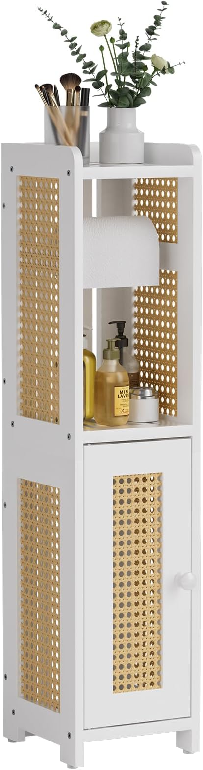 AmazerBath Toilet Paper Holder Cabinet, Bamboo Toilet Paper Holder Stand for Bathroom, Small Toilet Paper Storage Cabinet with Rattan Door, 30.3x7.8x7 inches, White