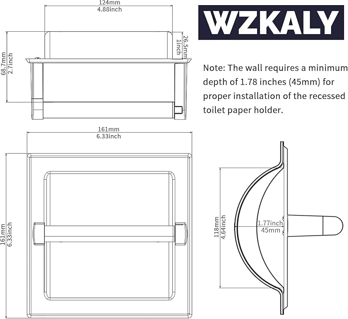 White Recessed Toilet Paper Holder for Regular Rolls, in Wall White Pivoting Toilet Paper Holder Wall Mount Made of Metal, Bathroom Toilet Paper Wall Holder