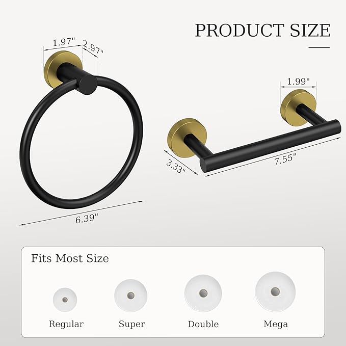 Black and Gold Toilet Paper Holder & Towel Holder, Bathroom Hardware Set-SUS304 Stainless Steel Double Post Pivoting Tissue Roll Holder and Hand Towel Ring Set for Bathroom, RV