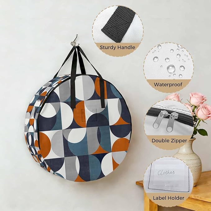 Storage Bag Mid Century Geometric Round Storage Totes Bins Closet Organizers with Zippers & Handle Abstract Modern Orange Blue Clothes Storage Container for Bedroom Dorm Space Saving Packing Supplies