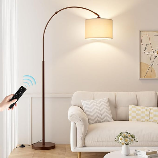 Ambimall Dimmable Arc Floor Lamp with Remote, Color Temperatures and Brightness Adjustable, Arched Floor Lamp with Rotating Head, Over Couch Arched Reading Light for Living Room (Deep Beige and Brown)