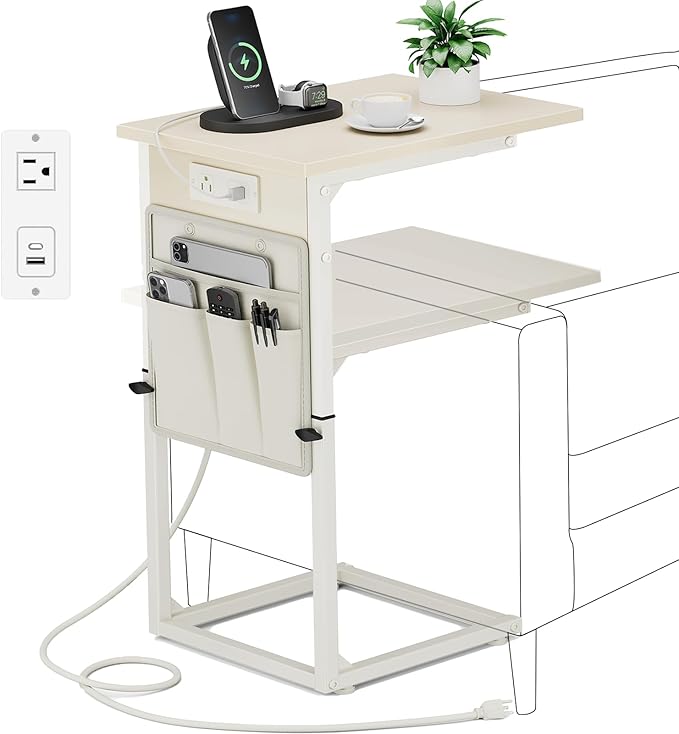 Vagusicc C Shaped End Table with Charging Station, Adjustable Height Side Table for Couch, Small Sofa Table C Table End Table, Slide Under Couch Table TV Tray Arm Table for Living Room, Bedroom, Cream