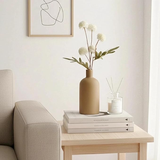 Neutral Boho Ceramic Brown Decorative Vase, Modern Matte Minimalist Vases for Shelf, Coffee Table, Living Room & Fireplace Mantel Decor