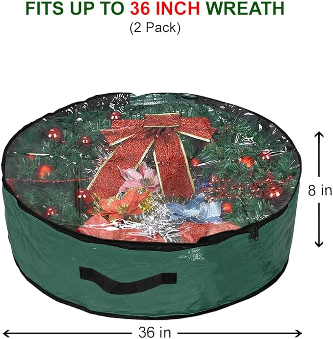 Propik Christmas Wreath Storage Bag 36" - Garland Holiday Container with Clear Window - Tear Resistant Fabric - 2 Pack (36 Inch, Green)