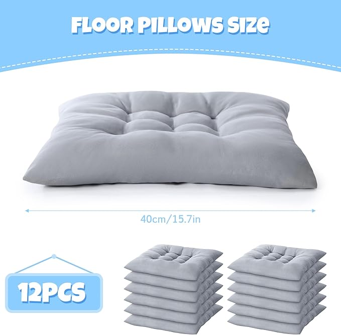 Geetery 12 Pcs Floor Pillows Bulk Seating Cushions for Floor Chair 15.7'' Large Meditation Cushion for Yoga Living Room Tatami Bedroom Balcony Office (Grey,Square)