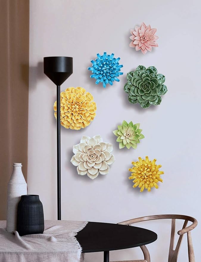 SEINHIJO Ceramic Flower Wall Decor 3D Wall Art Sculpture Modern Art Gift for Bedroom Living Room Home Office Yellow 6.7 Inch