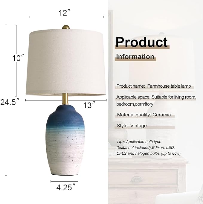 USumkky 24.5" Vintage Ceramic Table Lamp with 5FT Cord - Single Farmhouse Rustic Bedside Lamp with Natural Textured Finish, Nightstand Lamps for Living Room, Bedroom, End Table, Office White and Blue
