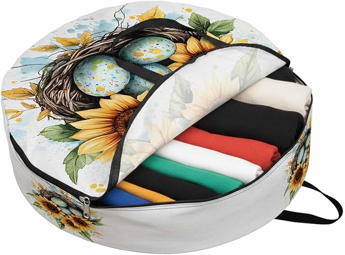 Easter Eggs Nest Round Storage Bag 30 Inch, Watercolor Green Egg Spring Sunflowers Floral Leaf Clothes Storage Container with Handles Heavy Duty Organizer for Comforter, Bedding & Holiday Wreaths