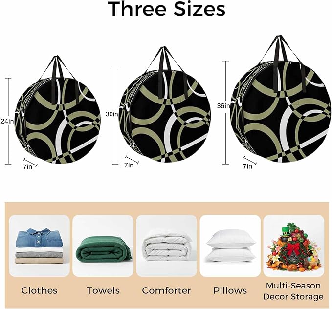 Storage Bag Sage Green Black Geometric Circle Round Storage Totes Bins Closet Organizers with Zippers & Handle Modern Abstract Lines Clothes Storage Container for Bedroom Space Saving Packing Supplies