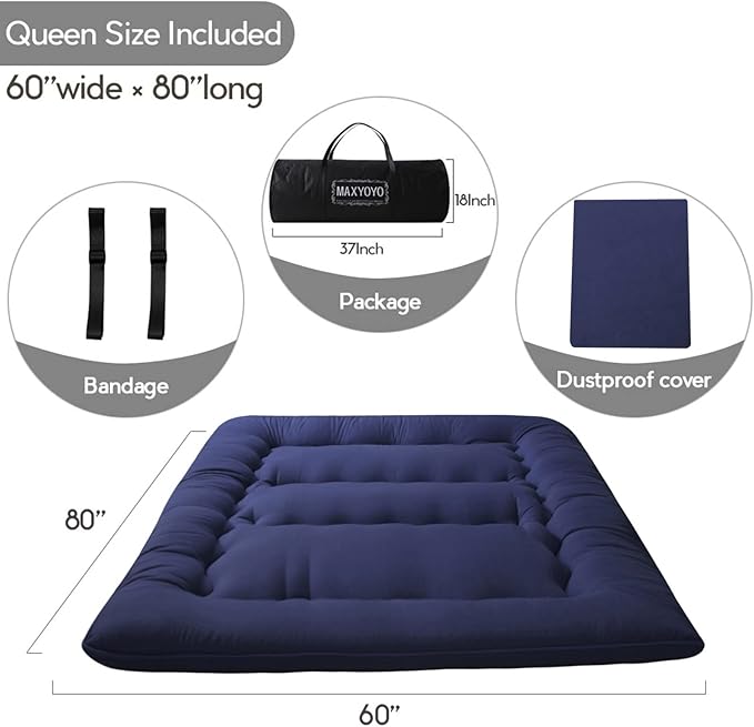 MAXYOYO Japanese Floor Mattress Futon Mattress, Thicken Tatami Mat Sleeping Pad Foldable Roll Up Mattress Boys Girls Dormitory Mattress Pad Kids Floor Lounger Cushion, Navy, Queen