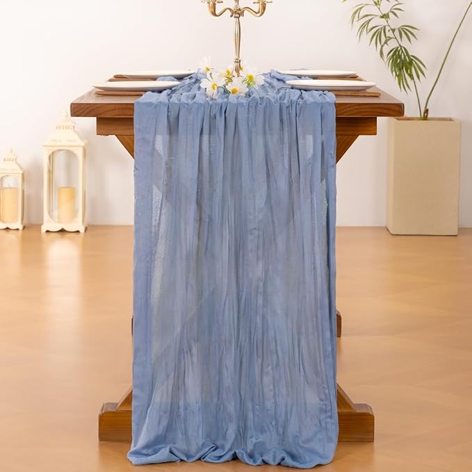 Socomi Dusty Blue Easter Spring Cheesecloth Table Runner Boho Rustic Gauze 120 inch 10FT Cheese Cloth Runner for Wedding Party Baby Shower Birthday Home Decor Holiday Decorations