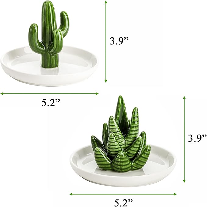 Elsjoy Set of 2 Ceramic Ring Holder Dish, Decorative Round Jewelry Display Trays, Aloe & Cactus Small Trinket Plate for Home, Gift, Mother's Day
