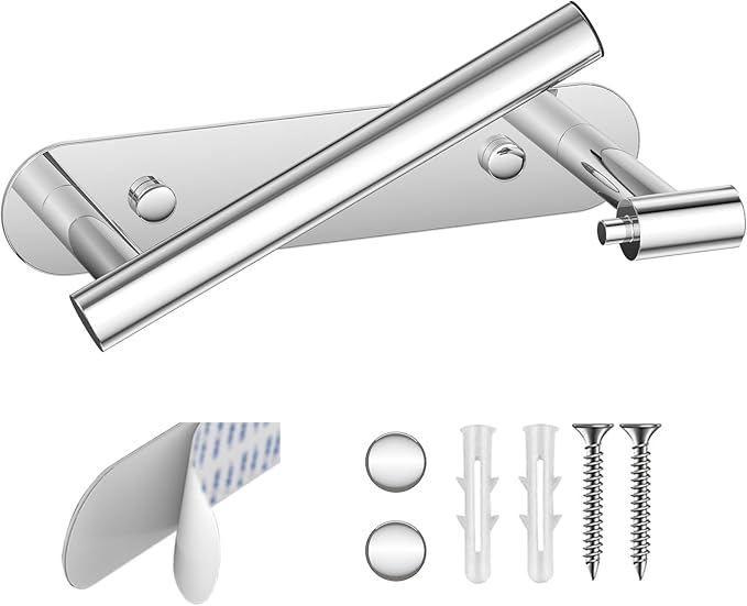 BESy Adhesive or Screw Toilet Paper Holder Wall Mount Rustproof Modern Roll Holder Flexible Pivoting Adjustable Tissue Handle with Self Adhesive or Mounted with Screws Stainless Steel Polished Chrome