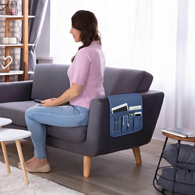 NB Sofa Armrest Organize Remote Holder Bedside Caddy Organizer With 5 Pockets，Non-Slip Couch Remote Control Holder Couch Armchair Caddy Accessories (Blue, 35"X12.4")