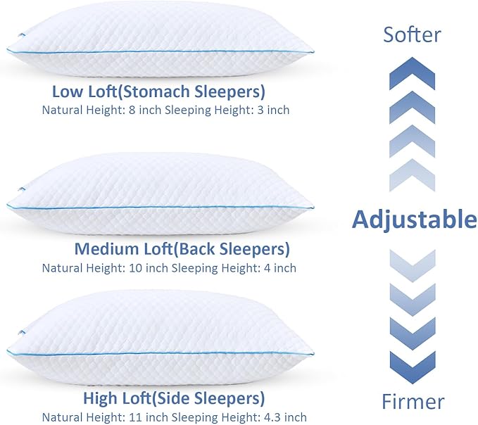 Shredded Memory Foam Pillows for Sleeping 2 Pack - Cooling Bed Pillows Queen Size Set of 2 - Firm Pillow for Side and Back Sleepers Adjustable Gel Pillow with Removable Cover