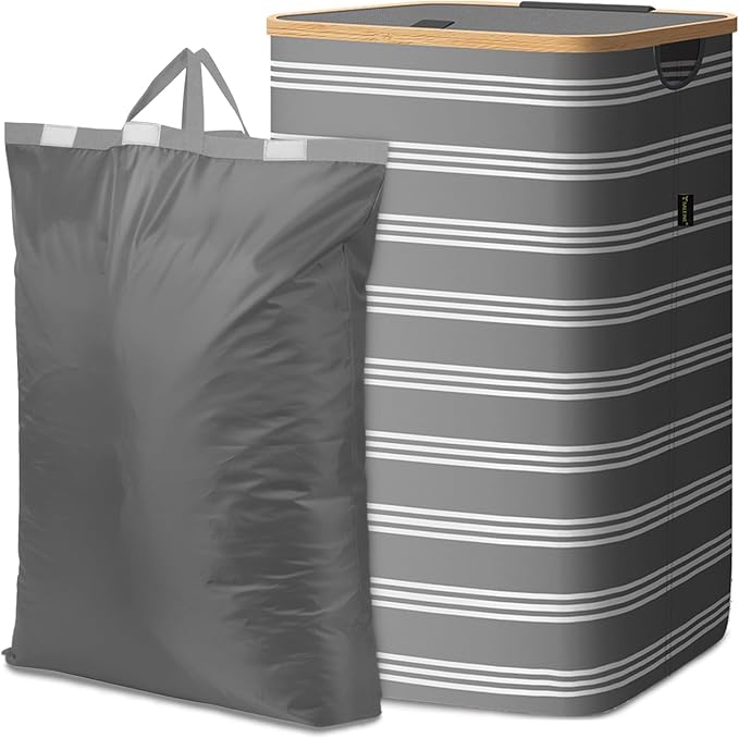 BALEINE Laundry Hamper with Lid, Tall Laundry Baskets with Bamboo Pull Handles, Large Laundry Bin with Internal Support (26 Gal/100L, Grey Pinstripe)