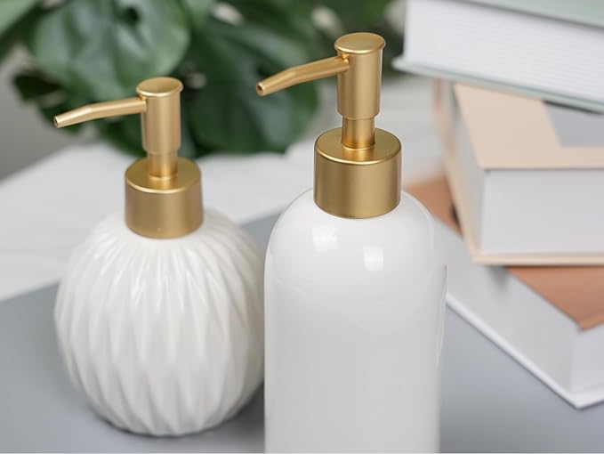 Ceramic Soap Dispenser White with Gold Pump,Modern Design Cylindrical Lotion Dispenser Bottle,Refillable Liquid Hand Soap Dispenser for Kitchen,Bathroom,Washroom