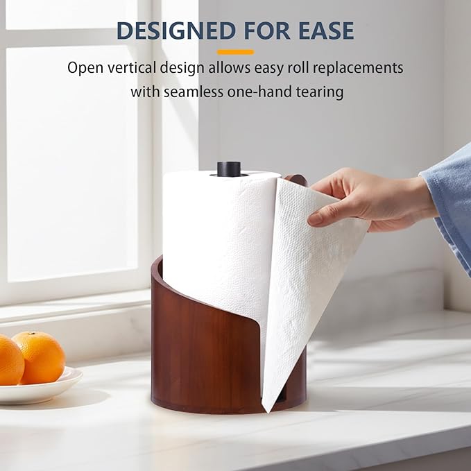 Paper Towel Holder Countertop with Wood Round Base and Iron Holder,Holds Mega Roll,Holder Stand for Kitchen Roll Organize,Wooden Paper Towel Holder for Kitchen Dining Table Home Decor