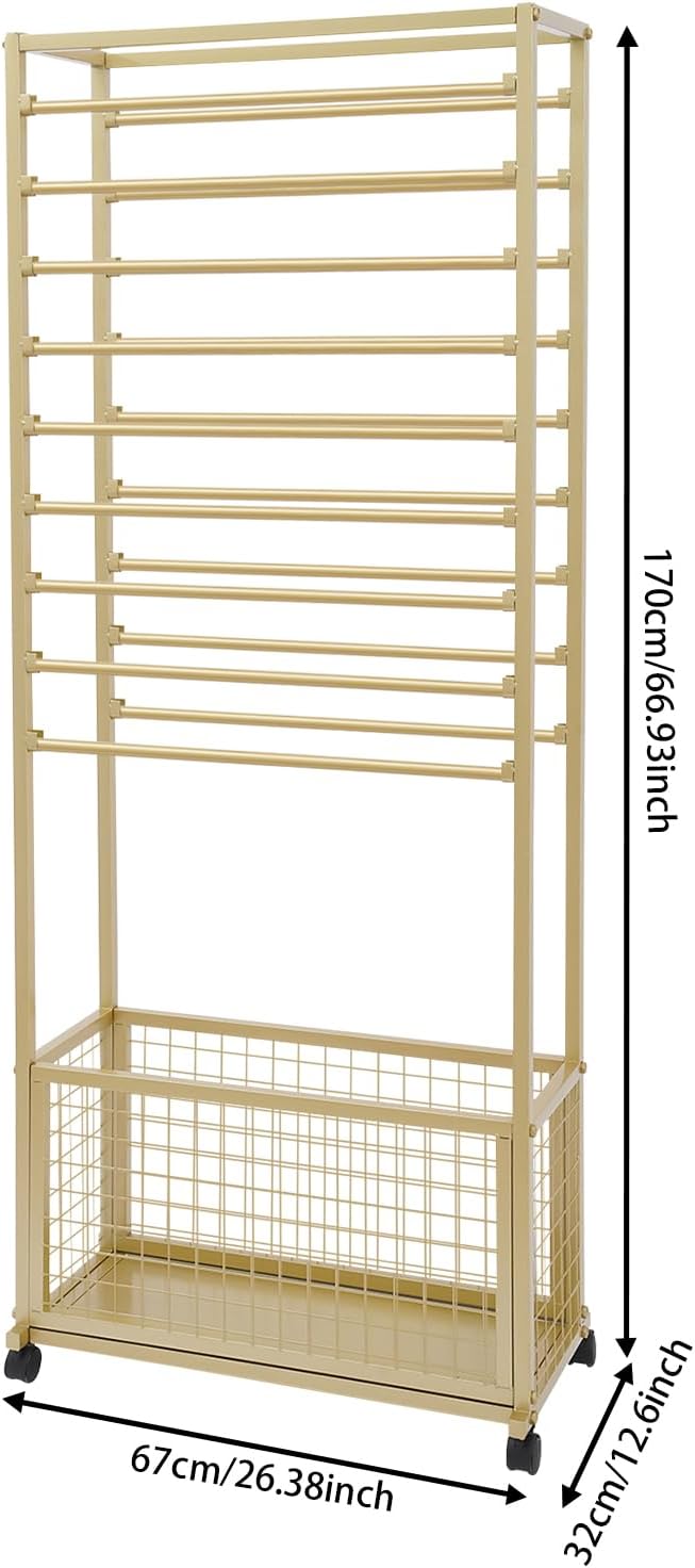 Mobile Ribbon Holder Double-Sided Ribbon Organizer Rack with 20 Hanging Rods Multifunctional Flower Wrapping Paper Storage Stand with Lockable Wheels Wrapping Paper Rack (26.38*12.6*66.93in, Gold)