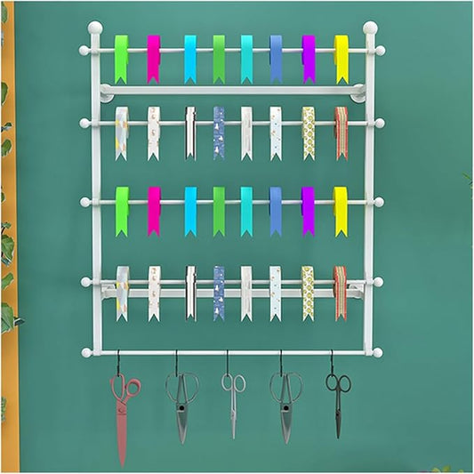 5tier Wall Mounted Ribbon Rack, Metal Gift Wrapping Paper Display Holder, Wrapping Paper Scarf Tie Belt Towel Storage Stand for Craft Room Florist Bedroom，White 100x12x80cm
