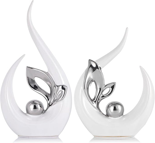XMGZQ White and Silver Ceramic Statues for Home Décor Accents,Abstract Art Mid Century Modern Decor,Elegante Centerpiece Table Decorations,Sculpture for Entryway,Tv Stand,Mantel,Coffee Table