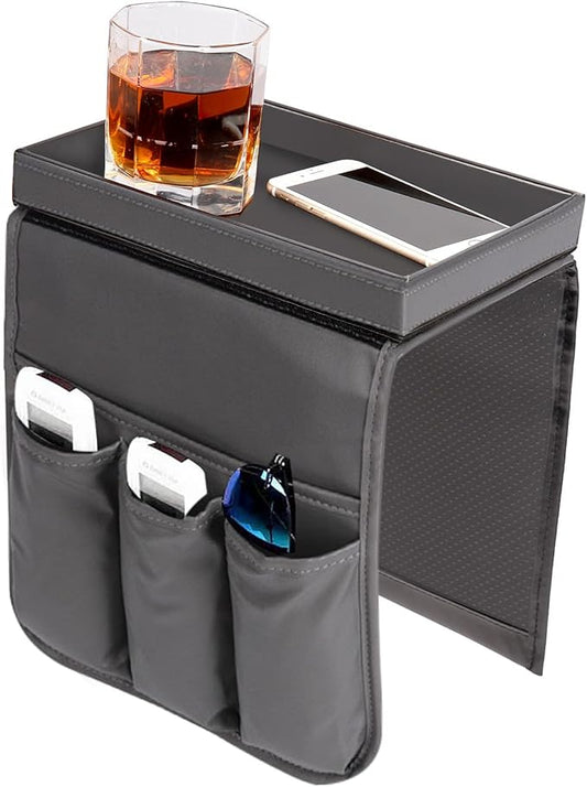 Couch Caddy, Armchair caddy with Detachable Tray, Non-Slip PU Leather Remote Control Holder for Recliner with 5 Pockets (Light Grey)