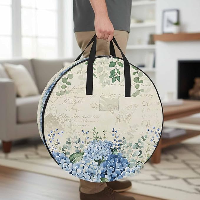 Storage Bag Blue Hydrangea Round Storage Totes Bins Closet Organizers with Zippers & Handle Green Eucalyptus Leaves Vintage Clothes Storage Container for Bedroom Dorm Space Saving Packing Supplies
