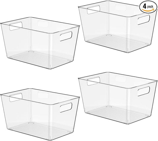 4 Pack Clear Plastic Storage Bins, 11" Large Pantry Organizer Bins with Handles, Plastic Containers for Refrigerator,BPA-Free Perfect for Kitchen,Fridge,Cabinet,Pantry,Bathroom,Closet Organization