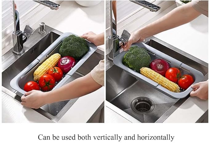 Expandable Sink Strainer for Kitchen Sink, Over Sink Colander Basket, Adjustable Drain Basket for Fruits & Vegetables, Space Saving, (Gray)