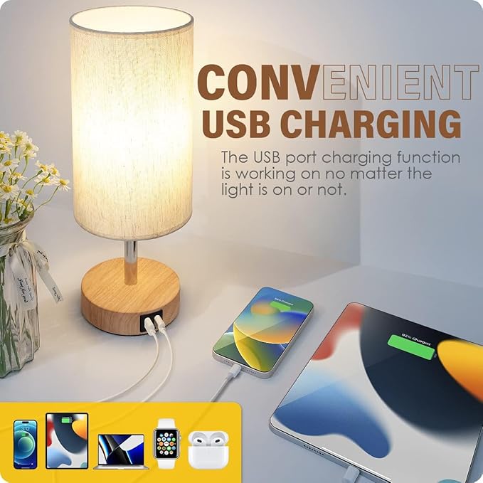 Yarra-Decor Bedside Table Lamp with USB Port - Touch Control for Bedroom Wood 3 Way Dimmable Nightstand Lamp with Round Flaxen Fabric Shade for Living Room, Dorm, Home Office (LED Bulb Included)