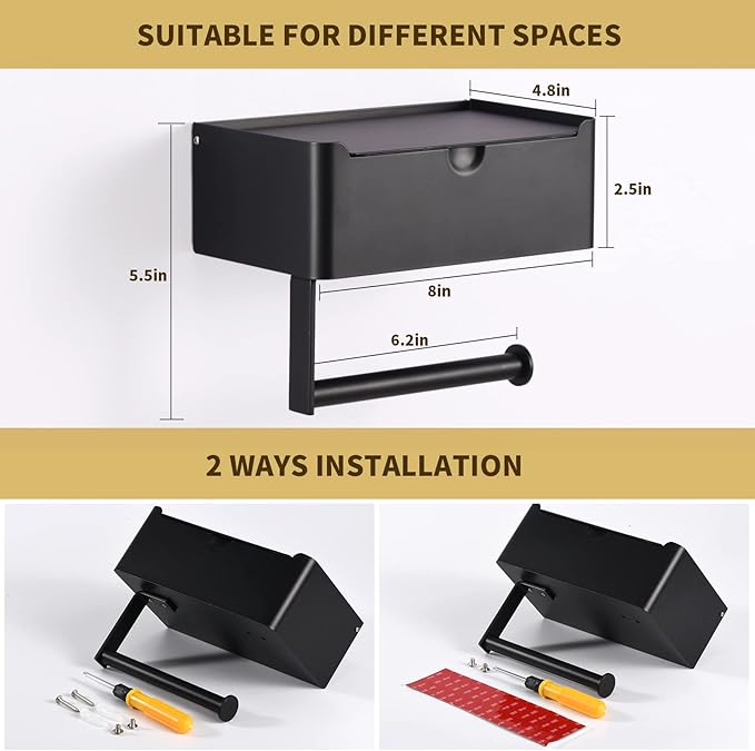 LAYUKI Toilet Paper Holder with Shelf, Wipe Holder for Bathroom, Large, Stainless Steel, Wall Mounted, Matt Black, Upgraded Toilet Paper Holder