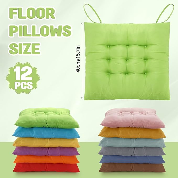 Geetery 12 Pcs Floor Pillows Bulk Seating Cushions for Floor Chair 15.7'' Large Meditation Cushion for Yoga Living Room Tatami Bedroom Balcony Office (Bright Color,Square)