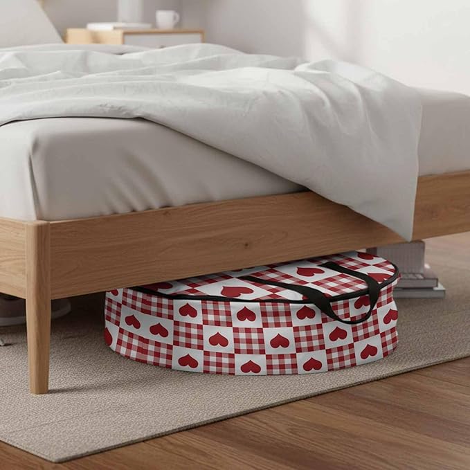 Valentine's Day Round Storage Bag 36 Inch, Red Heart Buffalo Plaid Red White Clothes Storage Container with Handles Heavy Duty Organizer for Comforter, Bedding & Holiday Wreaths
