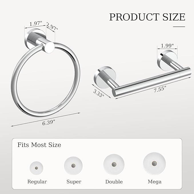 Toilet Paper Holder & Towel Holder, Bathroom Hardware Set-SUS304 Stainless Steel Double Post Pivoting Tissue Roll Holder and Hand Towel Ring Set for Bathroom, RV, Chrome