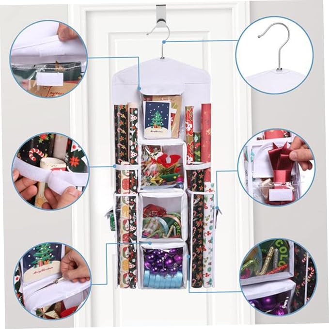 Christmas Wrapping Paper Organizer Large Capacity Wall Hanging Double-Sided Transparent with 10 Pockets Space-Saving Rear Door Gift Storage Bag with Zipper 37.40x5.51 Inch.