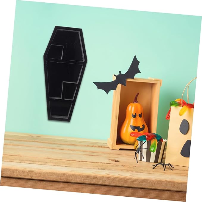 GALPADA Spooky Coffin Shelf Gothic Decor for Halloween Display Multipurpose Coffin Shaped Holder for Parties and Storage Eerie Compartment Shelf for Unique Home Decor