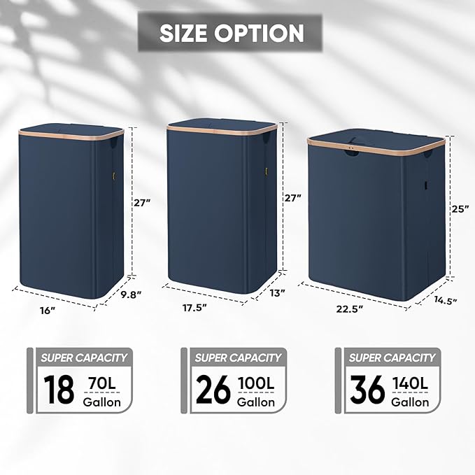 BALEINE Laundry Hamper with Lid, Tall Laundry Baskets with Bamboo Pull Handles, Large Laundry Bin with Internal Support (26 Gal/100L, Blue)