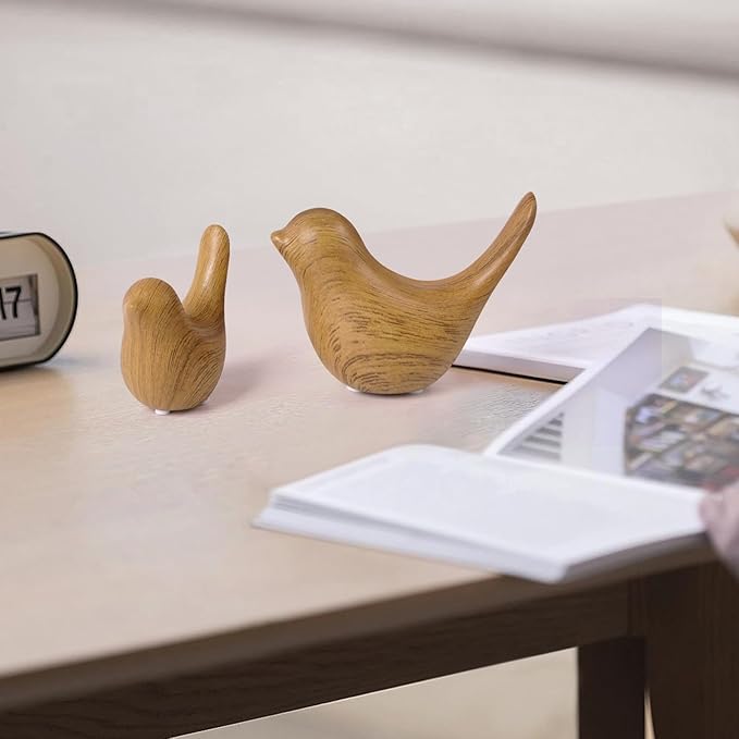 Elegant Wood Look Small Bird Sculptures,Modern Abstract Art Pieces for Bookshelf Decor, Coffee Table Decor, and Luxury Home Decor Accents(2Pcs Set)