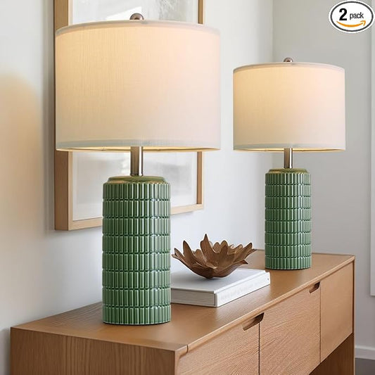 PoKat 24" Modern Ceramic Table Lamps Set of 2 for Bedroom, Green Bedside Lamps for Night Stands, Farmhouse House Decor Nightstand Table Lamps for Living Room End Table Green
