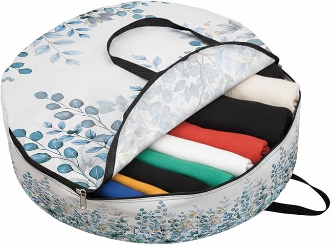 Storage Bag Teal Blue Eucalyptus Leaves Round Storage Totes Bins Closet Organizers with Zippers & Handle Berry Branch Nature Plant Clothes Storage Container for Bedroom Space Saving Packing Supplies